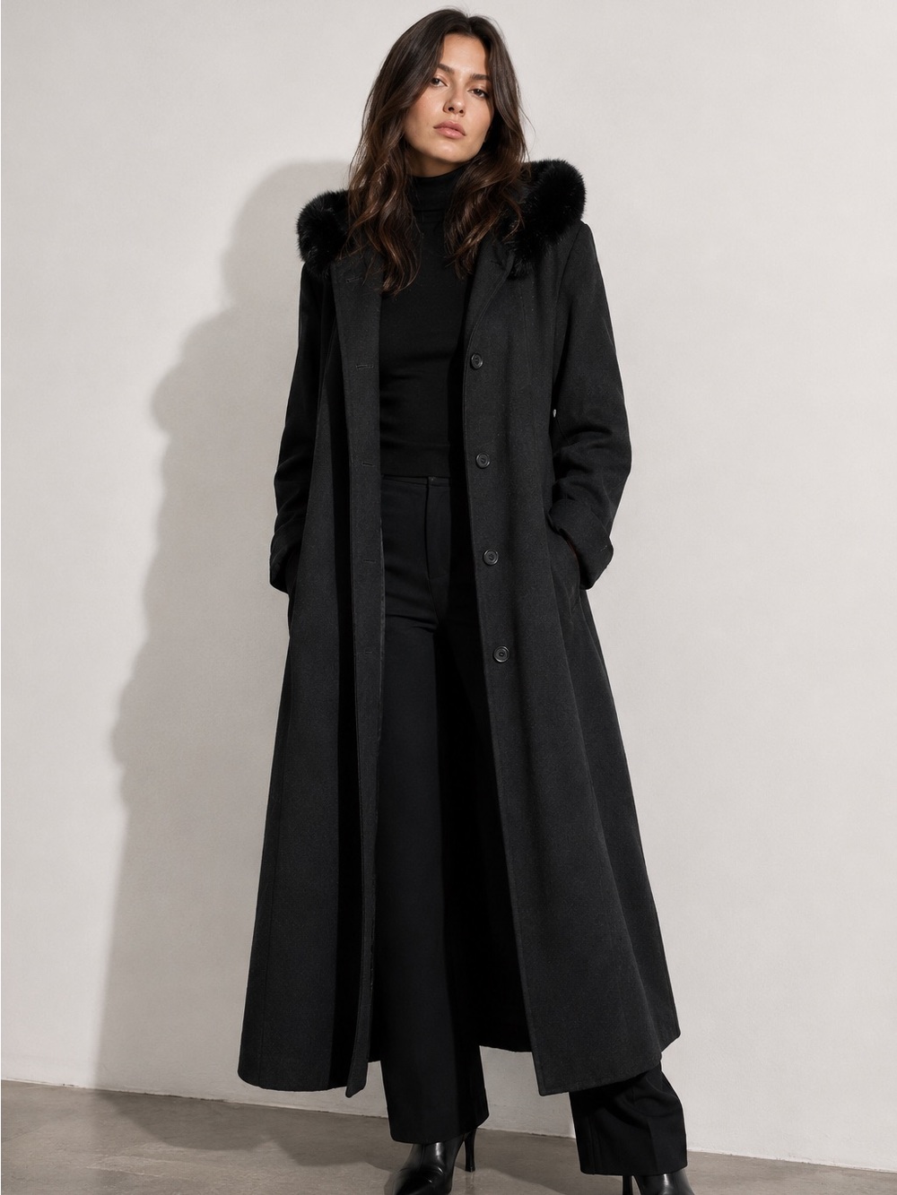 Vintage 90s DONNYBROOK Womens 10 P Long Full Length Hooded Coat Fur Trim Hood